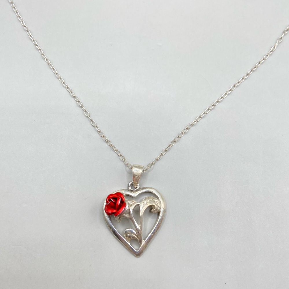 Sterling Silver Red Rose Heart Pendant Necklace